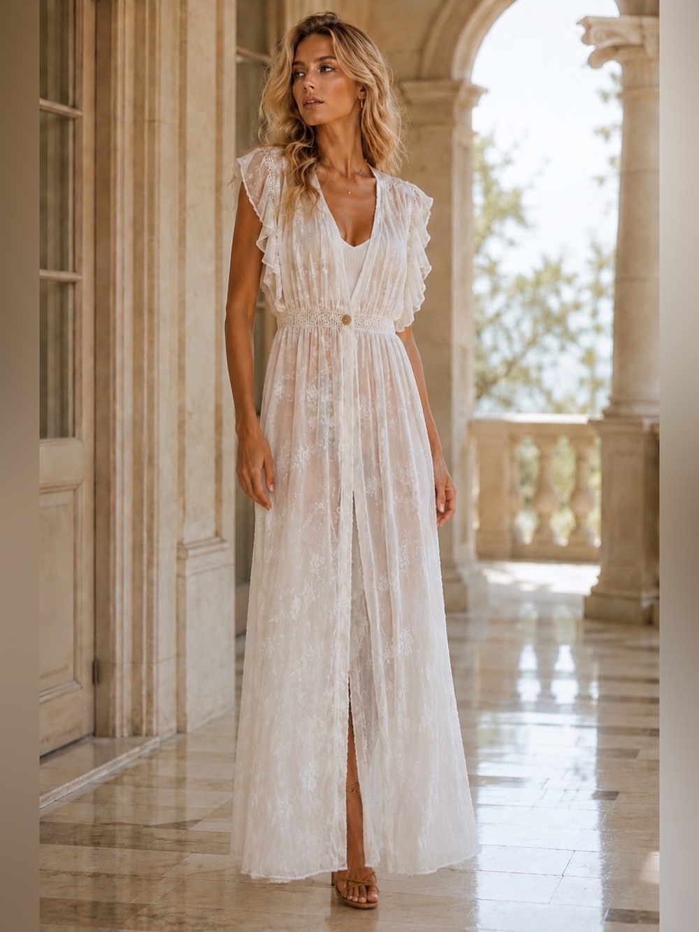Zara White Embroidered Sheer Ruffle Maxi Tunic Dress